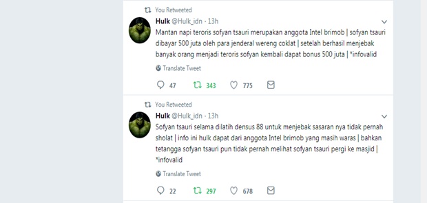 Wow! Akun Hulk Tuduh Sofyan Tsauri Dibayar 500 Juta Untuk Ciptakan Teroris