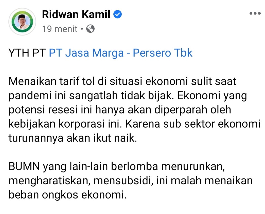 Tarif Tol Cipularang dan Padaleunyi Naik, Ridwan Kamil Buat Surat Terbuka Ke Jasa Marga