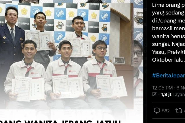 Selamatkan Lansia Yang Tenggelam di Sungai Yasu, 5 WNI Terima Penghargaan dari Polisi Jepang